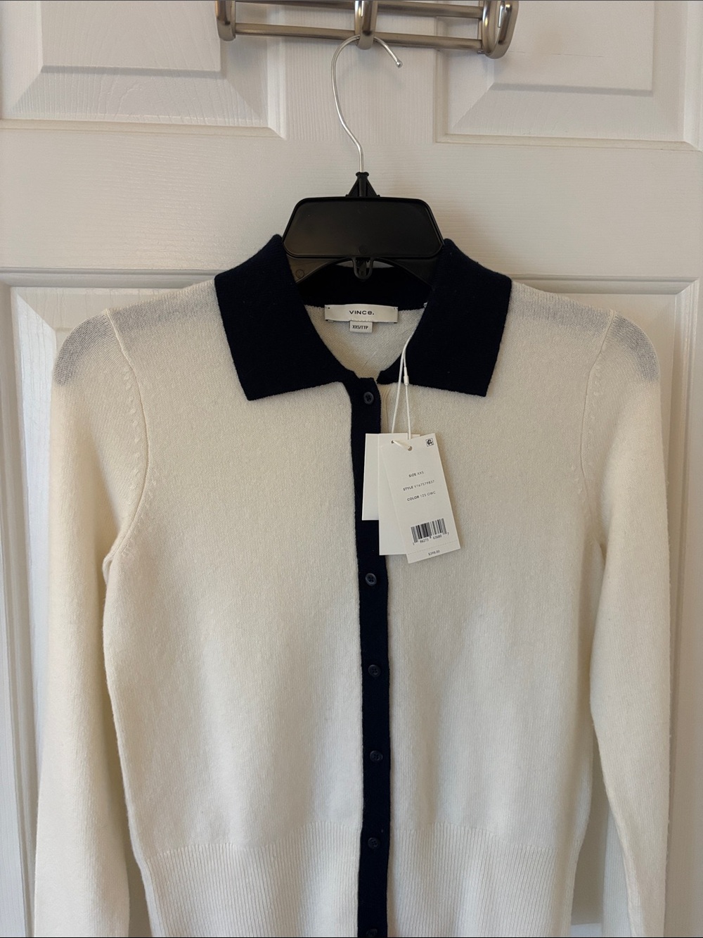 Vince Ivory Cardigan with Navy Contrast Collar and Placket